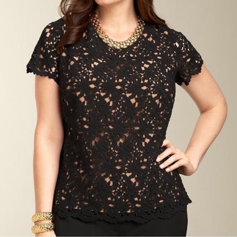 Talbots Black Lace Cap Sleeve Blouse SZ:12